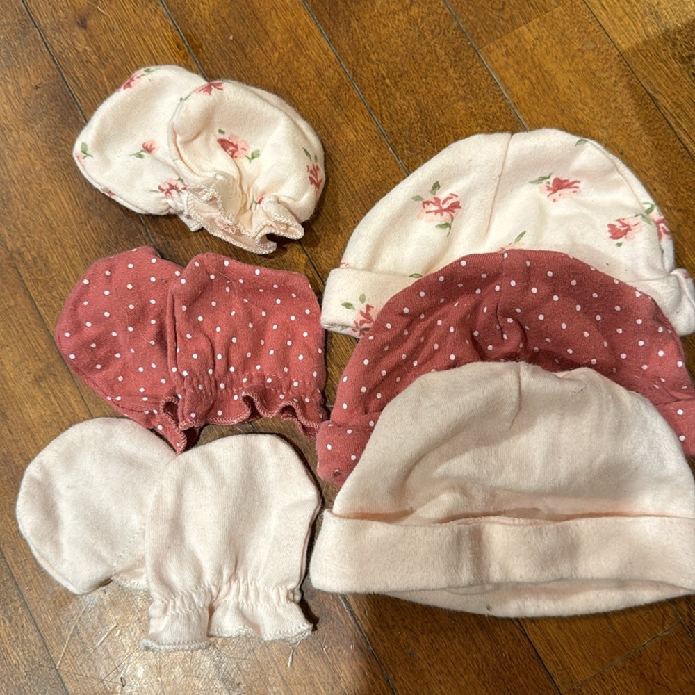 Laura Ashley Bundle Three Baby Hats & Non-Scratch Mittens Pink Polka Dot Floral